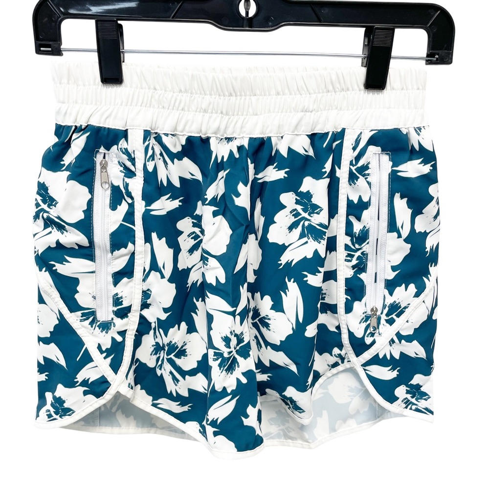 Berry Jane Women's Blue Hibiscus Floral Zipper Pocket Board Swim Shorts Size S
